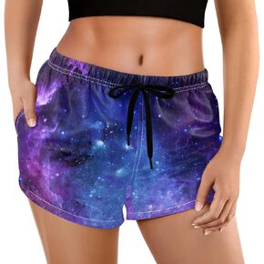 visesunny Women's Board Shorts Blue Purple Galaxy Floral Summer Beach Swim Shorts