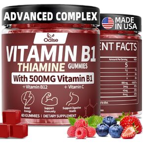 Thiamine Vitamin B1 Gummies - 500g Vegan Sugar Free Thiamine Supplement, with Natural Mixed Berries Flavor for Adults & Kids (60 Counts)