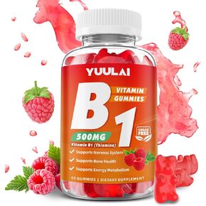 Vitamin B1 Gummies 500mg for Adults & Kids, Thiamine B1 Supplement with Magnesium, Vitamin B1 Supplement for Nervous System Supports & Boost Energy, Raspberry Flavor, 60 Count