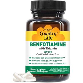 Country Life Benfotiamine with Thiamin,150mg, 60 Vegetarian Capsules, Certified Gluten Free, Certified Vegan