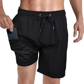 Mens Swim Trunks with Compression Liner, 2 in 1 Quick-Dry Board Shorts,7" Inseam Swimming Trunks for Men Beach Essentials