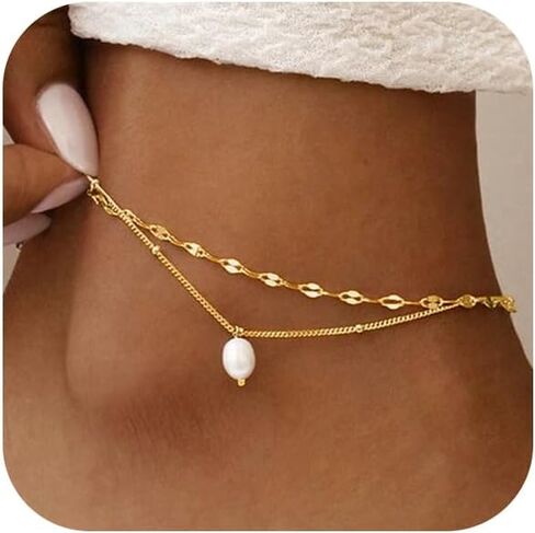 Ankle Bracelets for Women 14K Gold Silver Plated Anklets for Women Waterproof Boho Evil Eye Pearl Charm Pendant Beaded Foot Chain Adjustable Dainty Summer Beach Jewelry Set Gifts Non Tarnish in Saudi Arabia