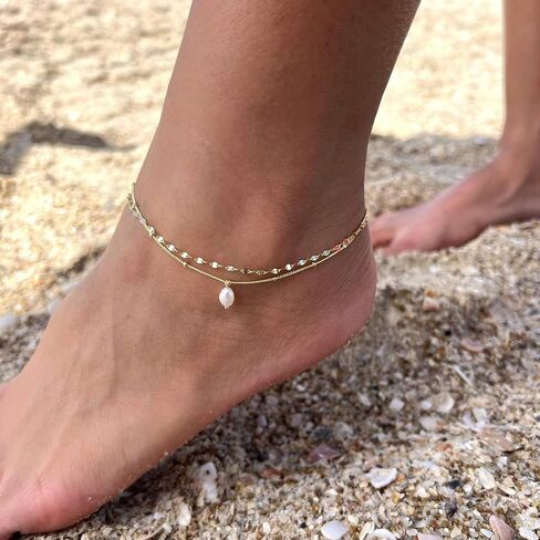 Ankle Bracelets for Women 14K Gold Silver Plated Anklets for Women Waterproof Boho Evil Eye Pearl Charm Pendant Beaded Foot Chain Adjustable Dainty Summer Beach Jewelry Set Gifts Non Tarnish in Saudi Arabia