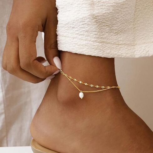 Ankle Bracelets for Women 14K Gold Silver Plated Anklets for Women Waterproof Boho Evil Eye Pearl Charm Pendant Beaded Foot Chain Adjustable Dainty Summer Beach Jewelry Set Gifts Non Tarnish in Saudi Arabia