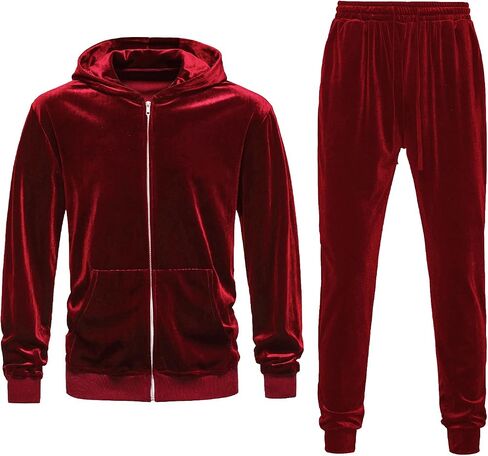 KISSQIQI Mens 2 Pieces Velour Tracksuits Velvet Outfits Sweatsuits Jogging Sport Suits Jacket Pants hooded Tracksuit in Saudi Arabia