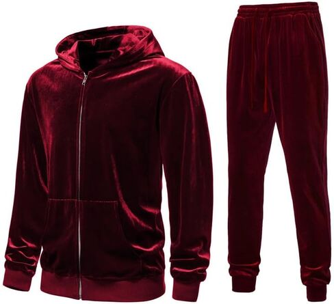 KISSQIQI Mens 2 Pieces Velour Tracksuits Velvet Outfits Sweatsuits Jogging Sport Suits Jacket Pants hooded Tracksuit in Saudi Arabia