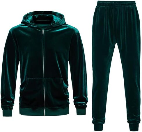 KISSQIQI Mens 2 Pieces Velour Tracksuits Velvet Outfits Sweatsuits Jogging Sport Suits Jacket Pants hooded Tracksuit in Saudi Arabia