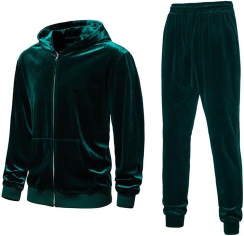 KISSQIQI Mens 2 Pieces Velour Tracksuits Velvet Outfits Sweatsuits Jogging Sport Suits Jacket Pants hooded Tracksuit in Saudi Arabia
