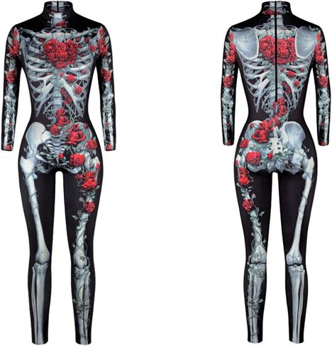 Women Ladies Halloween Cosplay Skull Skeleton Costume Jumpsuits Stretch Skinny Catsuit in Kuwait