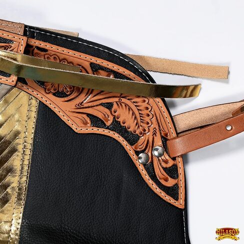 Hilason Pro Rodeo Bull Riding Chaps Faux Leather Youth Green Olive Green Base | الفصول الثور ركوب | الفصول الغربية الجلود | الفصول الغربية | رعاة البقر الفصول للرجال | ركوب الجلود الفصول النساء in Kuwait
