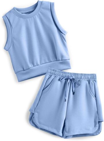 Girls 2 Piece Outfits 2025 Trendy Clothes Summer Cute Sleeveless Tops Shorts Clothing Sets Activewear in Kuwait