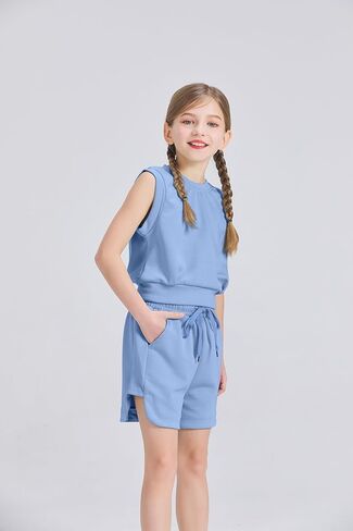Girls 2 Piece Outfits 2025 Trendy Clothes Summer Cute Sleeveless Tops Shorts Clothing Sets Activewear in Kuwait