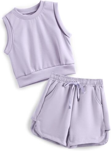 Girls 2 Piece Outfits 2025 Trendy Clothes Summer Cute Sleeveless Tops Shorts Clothing Sets Activewear in Saudi Arabia