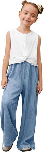 Mirawise Girls Clothing Sets 2 Pieces Outfits Twist Front Shirt Pant with Pockets Sleeveless Tops Kids Summer Clothes in Kuwait