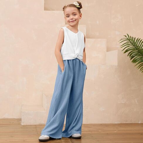 Mirawise Girls Clothing Sets 2 Pieces Outfits Twist Front Shirt Pant with Pockets Sleeveless Tops Kids Summer Clothes in Kuwait