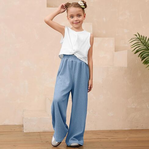Mirawise Girls Clothing Sets 2 Pieces Outfits Twist Front Shirt Pant with Pockets Sleeveless Tops Kids Summer Clothes in Kuwait