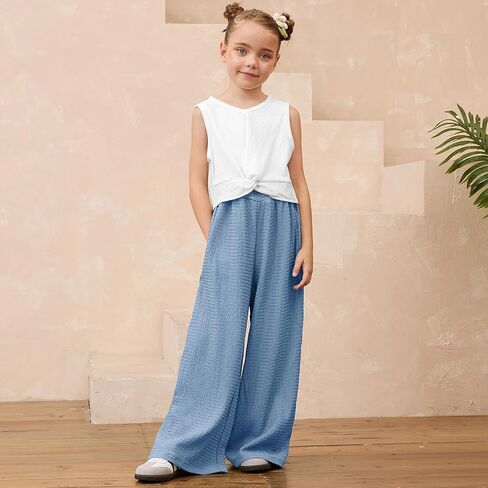 Mirawise Girls Clothing Sets 2 Pieces Outfits Twist Front Shirt Pant with Pockets Sleeveless Tops Kids Summer Clothes in Kuwait