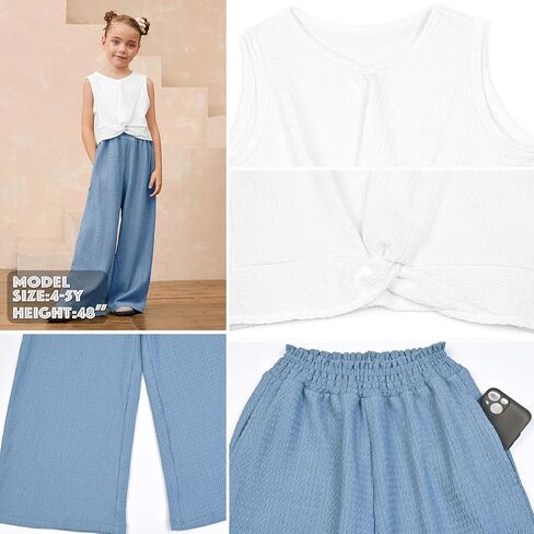 Mirawise Girls Clothing Sets 2 Pieces Outfits Twist Front Shirt Pant with Pockets Sleeveless Tops Kids Summer Clothes in Kuwait