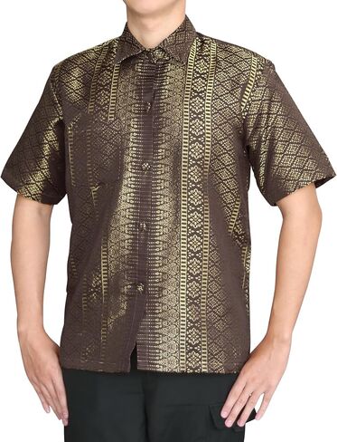 RaanPahMuang Short Sleeve Northern Thai Silk Weave Mens Shirt European Collar in Saudi Arabia