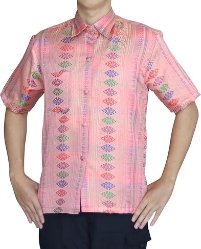 RaanPahMuang Short Sleeve Northern Thai Silk Weave Mens Shirt European Collar in Kuwait