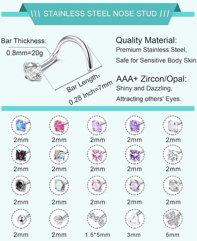 Besteel 20 PCS Hypoallergenic 20g حلقات الأنف للنساء رجال مكعب زركونيا الفولاذ المقاوم للصدأ أنف الأزرار in Saudi Arabia