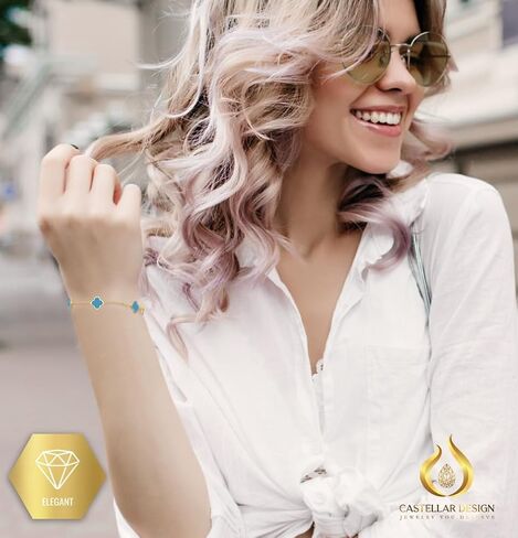 14K Gold Clover Lucky Bracelet for Women White Bracelets Cute Bracelets Jewelry Gifts Trendy for Women Mother of Pearl Bracelet, 7 Inches Italian Charm & 100% Solid Gold Chain, Package may vary in Saudi Arabia