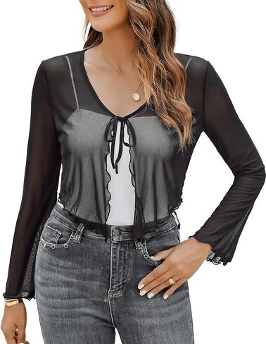 Avidlove Womens Sheer Shrug Tie Front Long Bell Sleeve Mesh Bolero Lightweight Summer Casual Short Shawl Top in Kuwait
