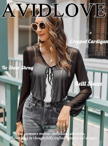 Avidlove Womens Sheer Shrug Tie Front Long Bell Sleeve Mesh Bolero Lightweight Summer Casual Short Shawl Top in Kuwait