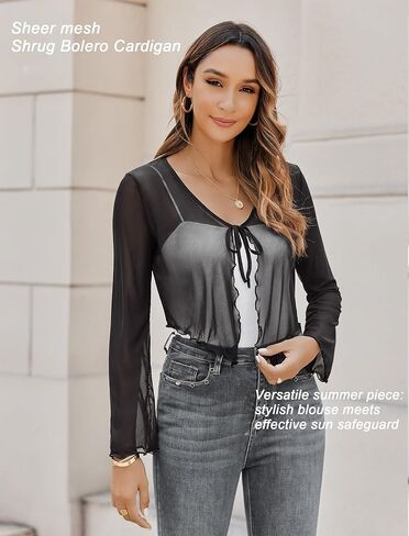 Avidlove Womens Sheer Shrug Tie Front Long Bell Sleeve Mesh Bolero Lightweight Summer Casual Short Shawl Top in Kuwait