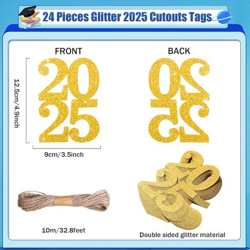 24 قطعة GLITER 2025 علامات الزخارف المزدوجة الجانب 2025 تقاطعات التخرج 2025 محور التخرج 2025 ديكورات السنة الجديدة لمستلزمات حفلات رأس السنة الجديدة (الذهب ، 2025) in Kuwait