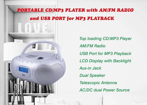 HANNLOMAX HX-309CD Portable CD/MP3 Boombox, AM/FM Radio, Bluetooth, USB Port for MP3 Playback, Aux-in, LCD Display, AC/DC Operated (Silver) in Saudi Arabia