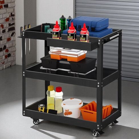 YITAHOME 3-Tier Tool Cart on Wheels, Rolling Metal Service Cart with Screwdriver Hanging Board & Storage Box, Heavy Duty Steel Utility Cart 400LB Load Capacity for Mechanic Work Garage Warehouse Black in Saudi Arabia