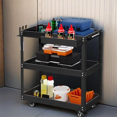 YITAHOME 3-Tier Tool Cart on Wheels, Rolling Metal Service Cart with Screwdriver Hanging Board & Storage Box, Heavy Duty Steel Utility Cart 400LB Load Capacity for Mechanic Work Garage Warehouse Black in Saudi Arabia