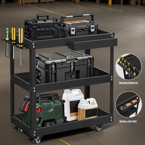 YITAHOME 3-Tier Tool Cart on Wheels, Rolling Metal Service Cart with Screwdriver Hanging Board & Storage Box, Heavy Duty Steel Utility Cart 400LB Load Capacity for Mechanic Work Garage Warehouse Black in Saudi Arabia