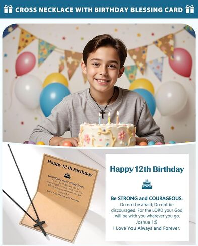Happy Birthday Gifts for Boys 8-16 Years Old, Black Cross Necklace with Bible Verse Joshua 1:9 for Son, Grandson, Nephew in Saudi Arabia