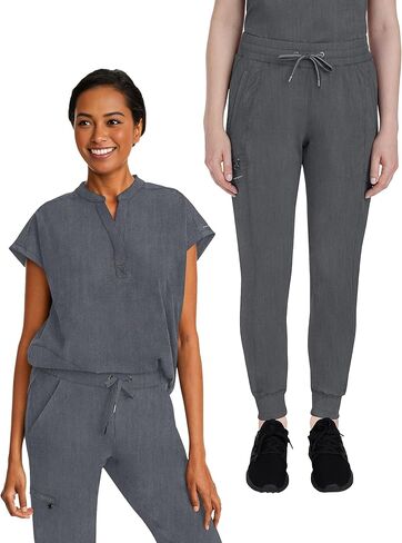 Lealing Hands Scrub Set Leade Top 2152 Toby Jogger Pant مع حزام مرن 9244 فرك طبي مع 9 جيوب ، Heather Grey- L Top/L Petite Pant in Saudi Arabia