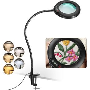 VEEMAGNI 10X Magnifying Glass with Light and Clamp, 23" Gooseneck 5 Color Modes Stepless Dimmable LED Desk Lamp, Real Glass Table Lighted Magnifier Hands Free for Craft Painting Sewing Close Work