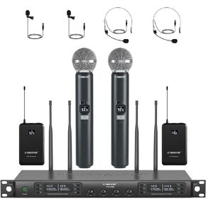 Phenyx Pro Quad Wireless Microphone System w/ 4x40 UHF Channels, Auto Scan, 2 Handheld Dynamic Mics, 2 Bodypacks & Headsets/Lapel Microphones for Singing, DJ, Church (PTU-7000-2H2B)