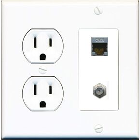 15 Amp Round Power Outlet 1 Port Cat6 Shielded 1 Coax Cable TV F-Type Wall Plate