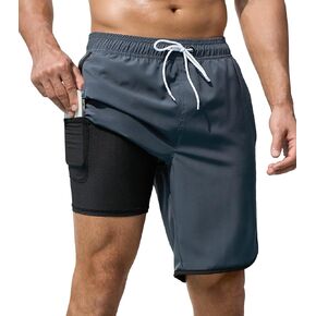 Mens Swim Trunks with Compression Liner 9 Inch Quick Dry Bathing Suit Board Shorts with Zipper Pockets