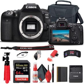 Canon EOS 90D DSLR Camera (Body Only) (3616C002) + 64GB Memory Card + Case + Card Reader + Flex Tripod + Hand Strap + Cap Keeper + Memory Wallet + Cleaning Kit (Renewed)