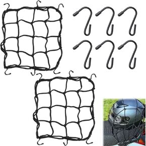 12"x 12" Small Cargo Net, 2 Pack Heavy Duty Elastic Bungee Net Stretches to 24"x 24" with 6 Adjustable Hooks, 2" Tight Mesh Luggage Thicken Netting, Fit for Motorcycle Helmet, ATV, UTV