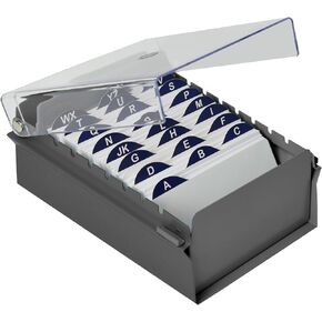 Acrimet 3 x 5 Card File Holder Organizer Box Metal Base Heavy Duty (AZ Index Cards and Divider Included) (Gray Color with Clear Crystal Plastic Lid Cover)