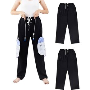 2 Pack Catheter Leg Bag Pants, Urine Bag Holder Pants for Men/Women with Double Zippered Pockets, Holds Two 2000ml Catheter Bags for Nephrostomy, Cystostomy, Foley (L, Black)