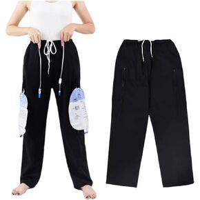2 Pack Catheter Leg Bag Pants, Urine Bag Holder Pants for Men/Women with Double Zippered Pockets, Holds Two 2000ml Catheter Bags for Nephrostomy, Cystostomy, Foley (L, Black)