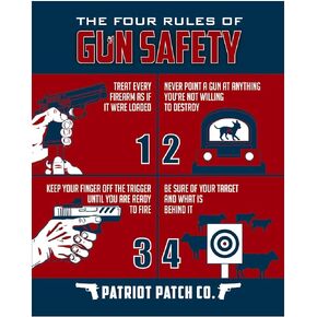شركة Patriot Patch Co - ملصق رسومي لقواعد 4 لمعلومات سلامة الأسلحة النارية - ملصق سلامة الأسلحة النارية