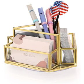 Hipiwe 360° Rotating Business Card Stand Holder Gold Glass Name Card Display Stand Vintage Mirrored Office Desktop Business Card Organizer, 4-Slots