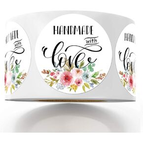 Floral Handmade with Love Stickers, 1.4 Inches Round Total 500 Adhesive Labels Per Roll (1 Roll), Handmade Packaging, Homemade with Love Stickers, Baked with Love Stickers Mr.Mug