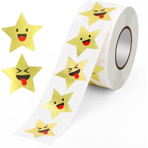 500pcs Happy Star Stickers, Roll of Happy Face Stickers Glitter Laser Star Stickers Self-Adhesive Gold Star Stickers Smile Face Stickers Reward Stickers for Kids Students