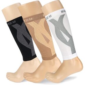 BLITZU 3 أزواج من الأكمام الضاغطة على الساق للنساء والرجال مقاس S-M، واحد عاري، واحد أسود، كم واحد أبيض، كم ضغط الساق لألم الساق وجبائر الساق. جوارب ضغط بدون قدم. in Kuwait